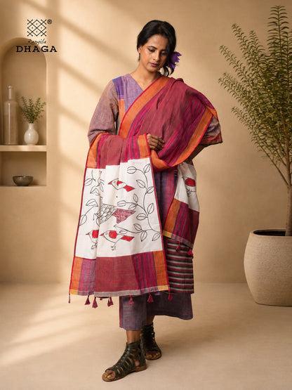 Hand Painted Bird Gamcha Patchwork Dupatta | Handloom Cotton Dupatta with Tassels  (2.5m)- GD021