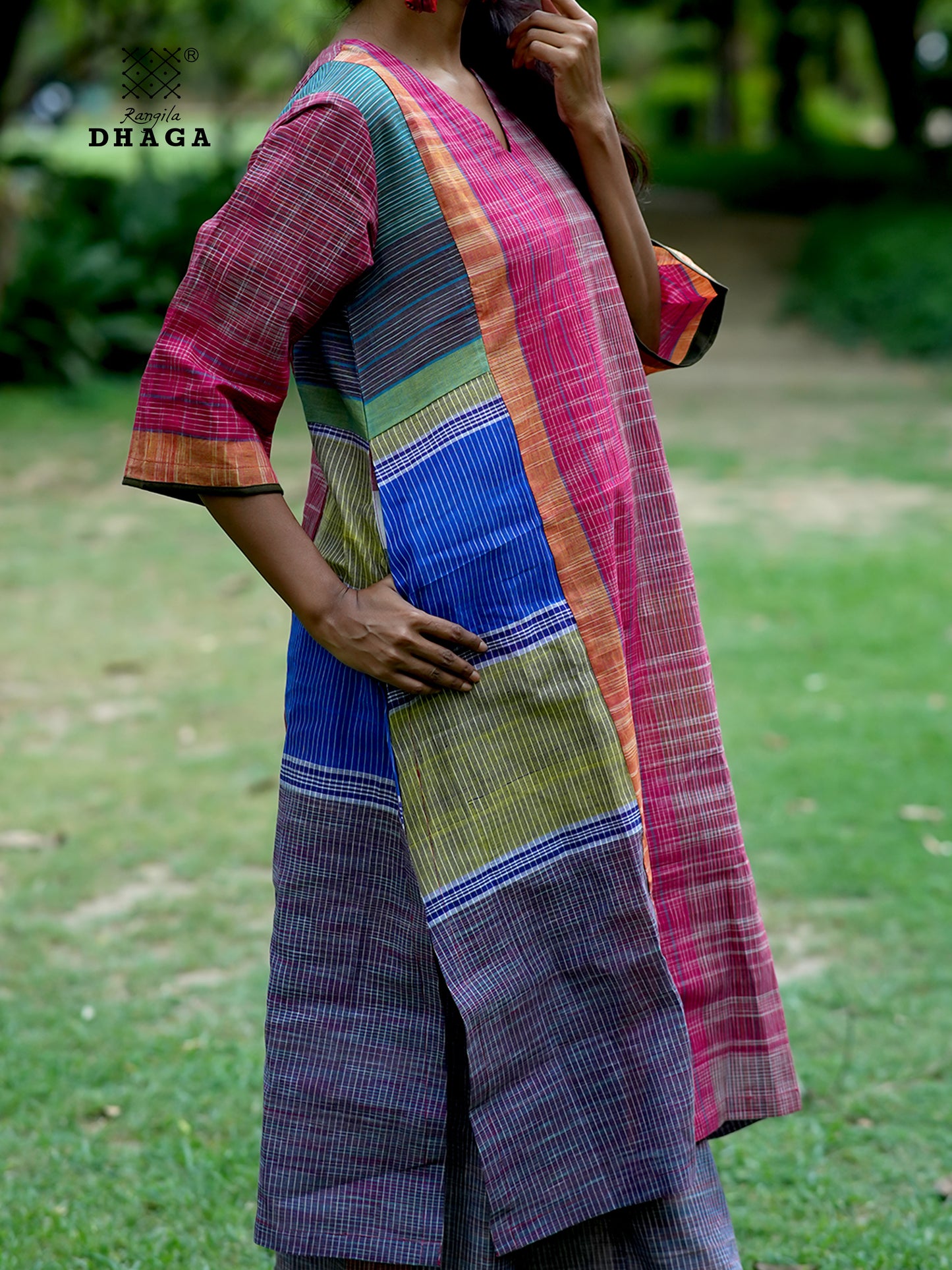 Handloom Cotton Patchwork Gamcha Kurti with Pant Set- GK020