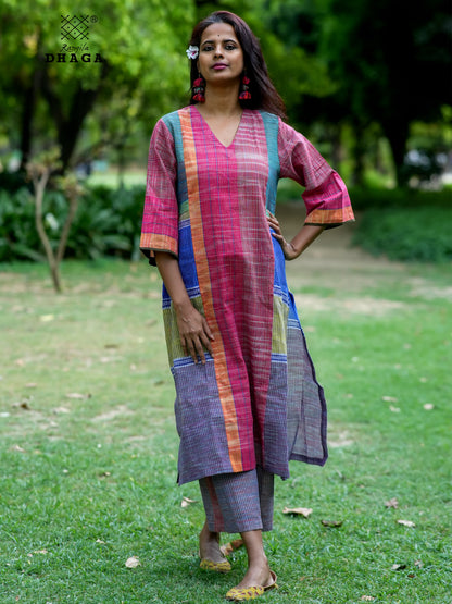 Handloom Cotton Patchwork Gamcha Kurti with Pant Set- GK020