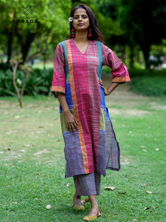 Handloom Cotton Patchwork Gamcha Kurti with Pant Set- GK020