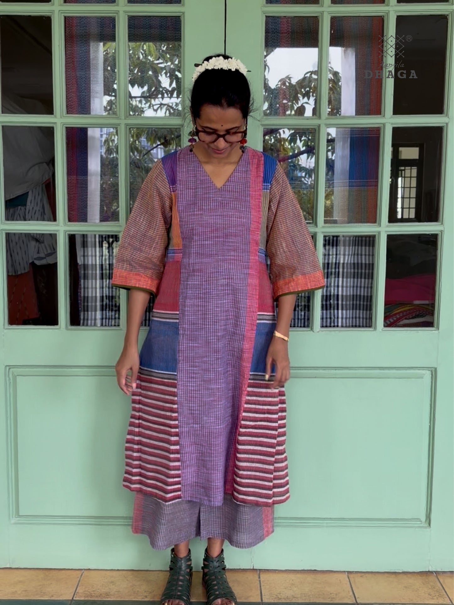 Handloom Gamcha Patchwork Kurti | V-Neck | 3/4 Sleeves | Side Pockets | Signature Design by Rangila Dhaga Kurti10