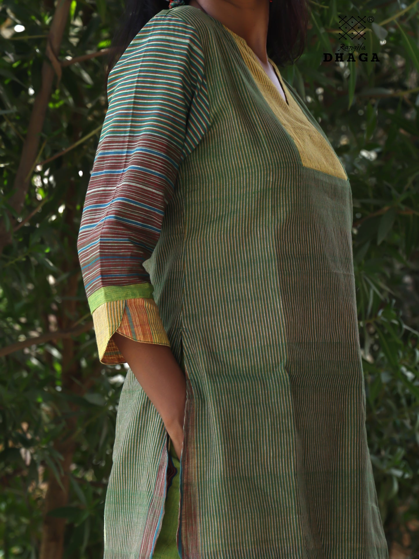 Green Handloom Gamcha Cotton Kurti | V-Notch Neck Kurti for Women CODE01