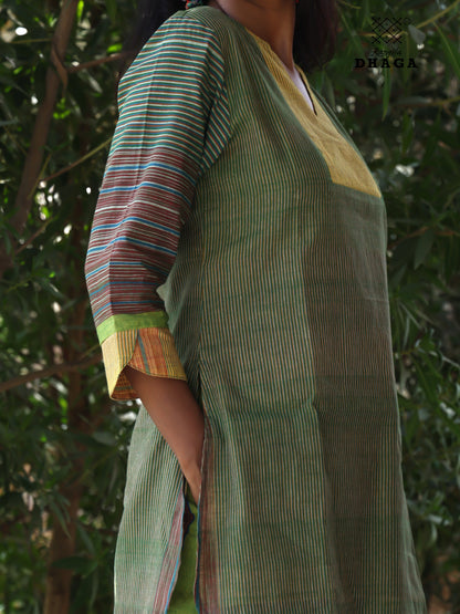 Green Handloom Gamcha Cotton Kurti | V-Notch Neck Kurti for Women CODE01