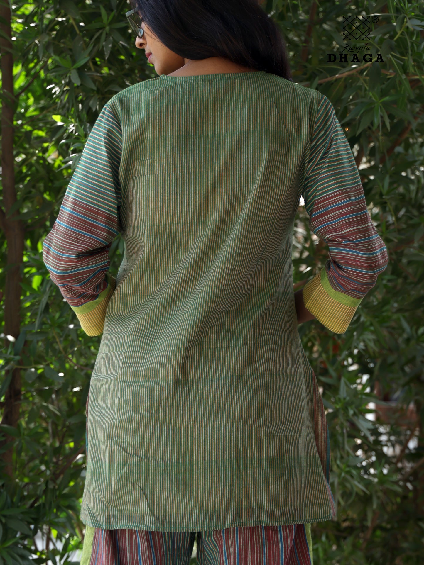 Green Handloom Gamcha Cotton Kurti | V-Notch Neck Kurti for Women CODE01