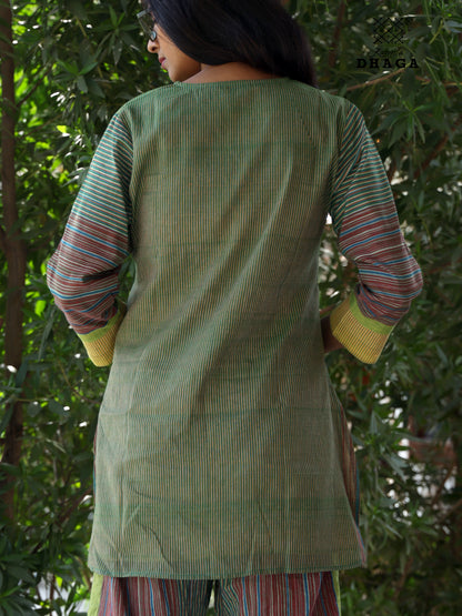 Green Handloom Gamcha Cotton Kurti | V-Notch Neck Kurti for Women CODE01