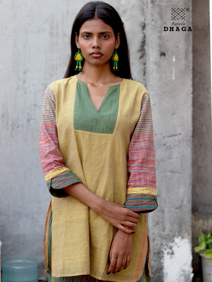 Handloom Cotton Gamcha Co-ord Set for Women – Yellow-Green Striped Kurti with Lining and Relaxed Fit Pocket Pants -CODE02