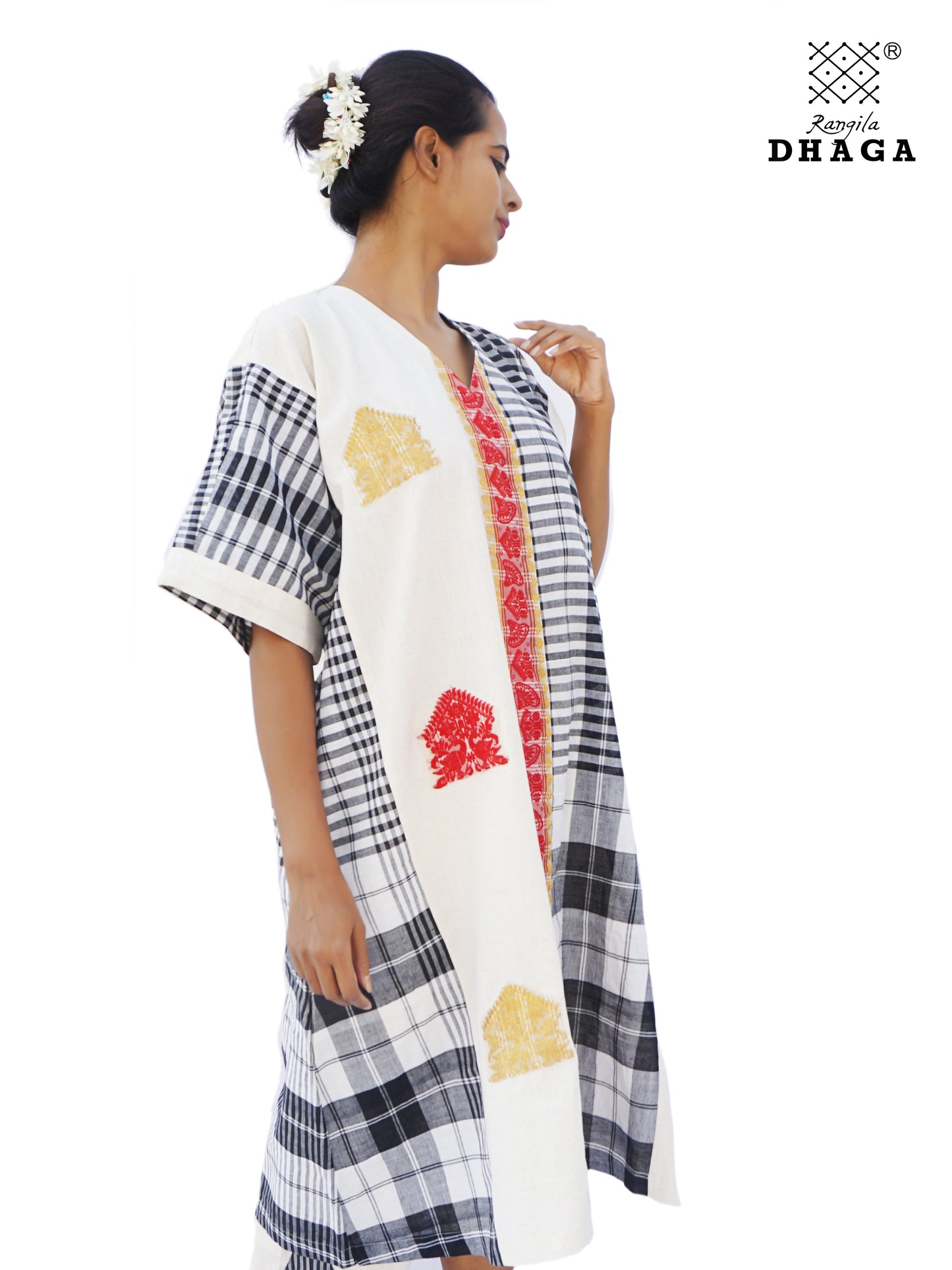 Kurta Dress for Women Free Size Gamcha Fashion Handloom Cotton Fabric White and Black, Red Check D41