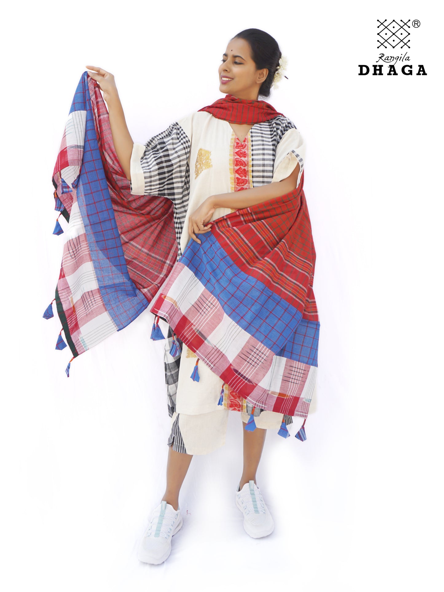 Patch work Gamcha Fashion Handloom Cotton Dupatta ( Red) DP10
