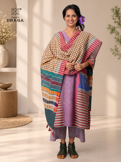 Handloom Gamcha Patchwork Dupatta | Multicolor Cotton Dupatta with Tassle (2.5m)- GD024