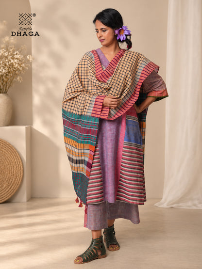 Handloom Gamcha Patchwork Dupatta | Multicolor Cotton Dupatta with Tassle (2.5m)- GD024