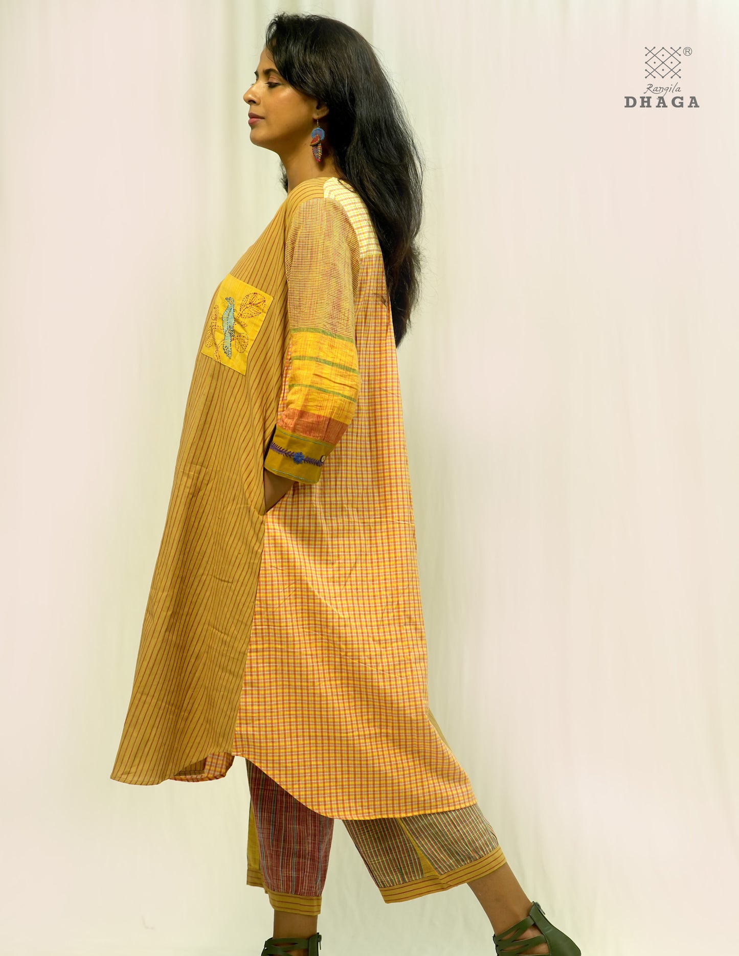 Handembroidered Gamcha  Dress with pant set | Artisan Cotton Dress with Pockets| Rangila Dhaga KD050