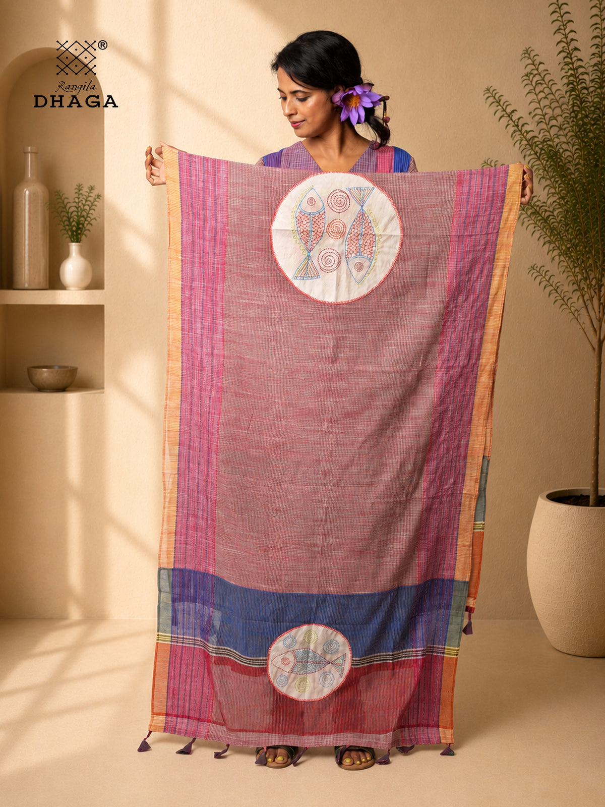 All Over Hand Embroidered Kantha Gamcha Patchwork Dupatta with Appliqué Circle with Fish Motifs – Multicolor- Tassels (2.5m)- GD020 (Copy)