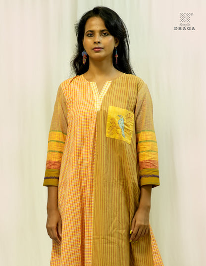 Handembroidered Gamcha  Dress with pant set | Artisan Cotton Dress with Pockets| Rangila Dhaga KD050