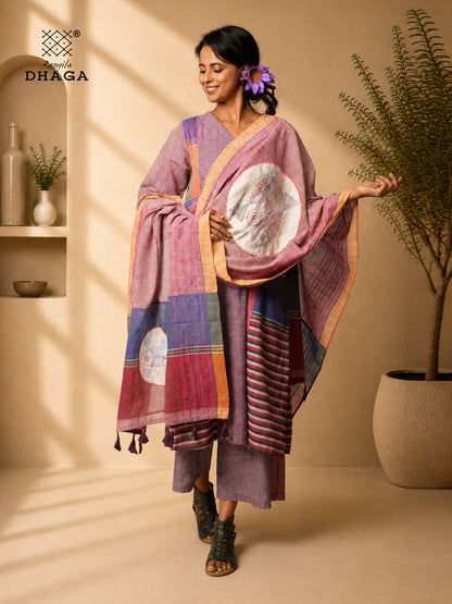 All Over Hand Embroidered Kantha Gamcha Patchwork Dupatta with Appliqué Circle with Fish Motifs – Multicolor- Tassels (2.5m)- GD020 (Copy)