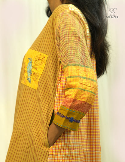 Handembroidered Gamcha  Dress with pant set | Artisan Cotton Dress with Pockets| Rangila Dhaga KD050