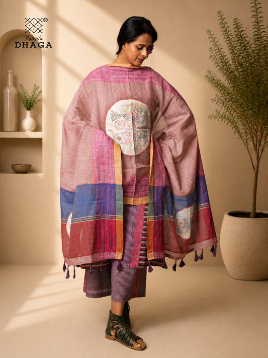 All Over Hand Embroidered Kantha Gamcha Patchwork Dupatta with Appliqué Circle with Fish Motifs – Multicolor- Tassels (2.5m)- GD020 (Copy)