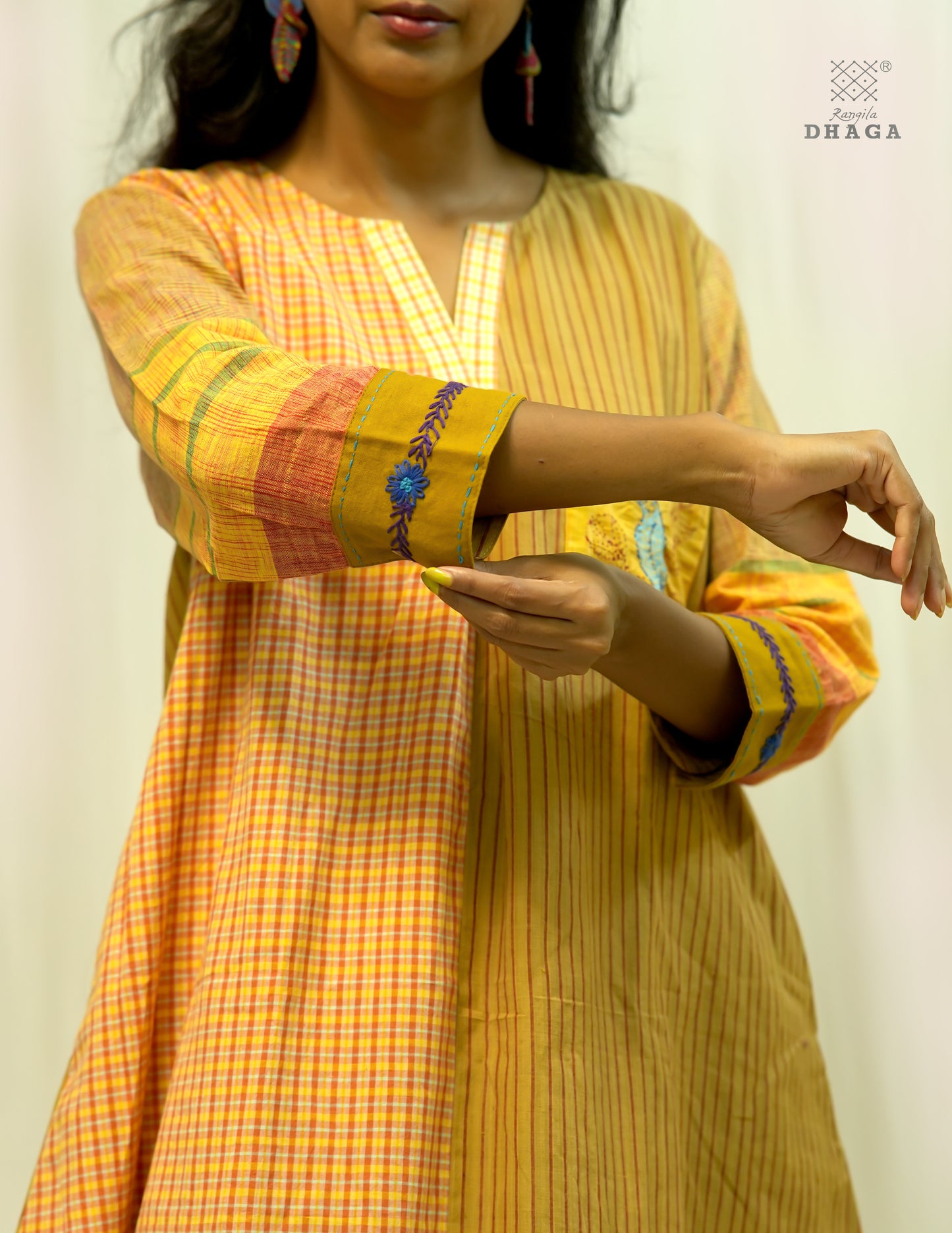 Handembroidered Gamcha  Dress with pant set | Artisan Cotton Dress with Pockets| Rangila Dhaga KD050