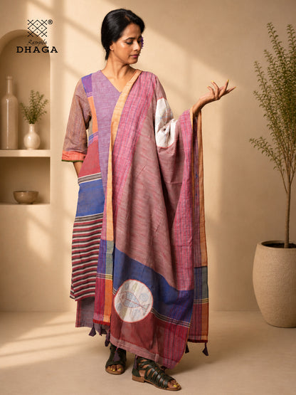 All Over Hand Embroidered Kantha Gamcha Patchwork Dupatta with Appliqué Circle with Fish Motifs – Multicolor- Tassels (2.5m)- GD020 (Copy)