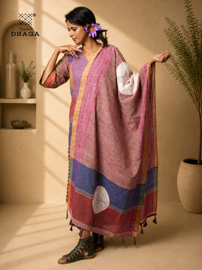 All Over Hand Embroidered Kantha Gamcha Patchwork Dupatta with Appliqué Circle with Fish Motifs – Multicolor- Tassels (2.5m)- GD020 (Copy)
