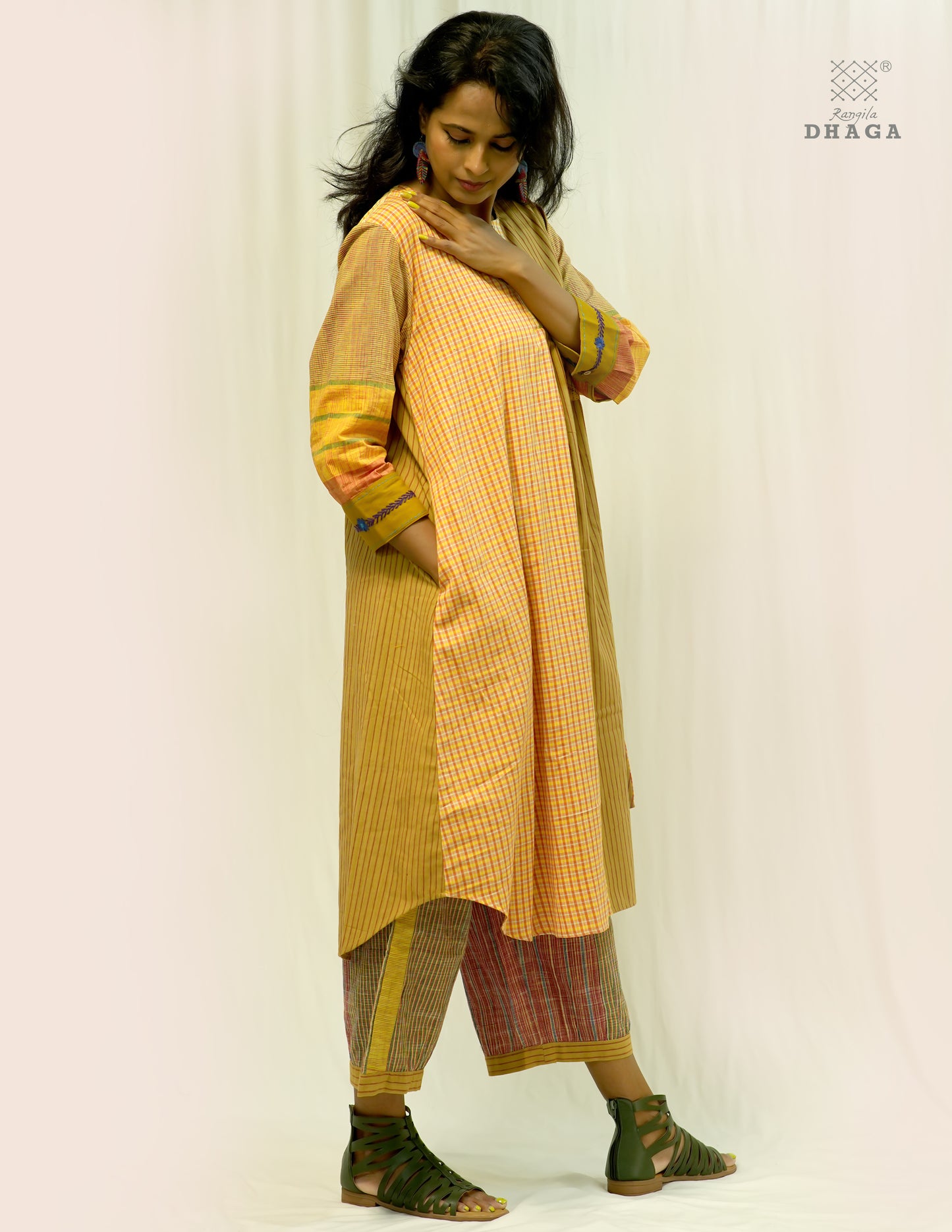 Handembroidered Gamcha  Dress with pant set | Artisan Cotton Dress with Pockets| Rangila Dhaga KD050