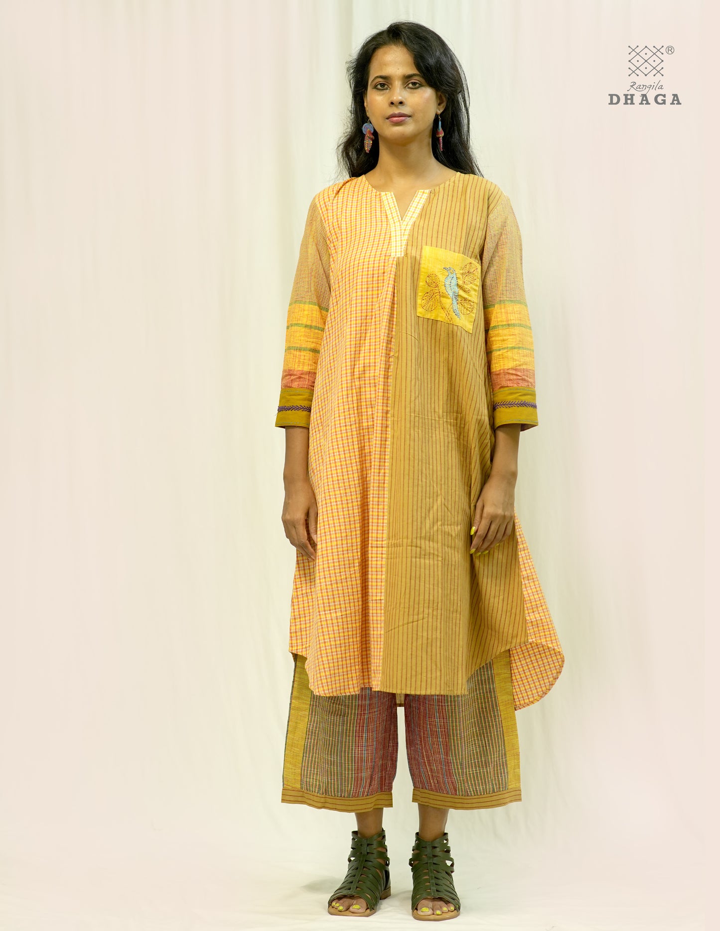 Handembroidered Gamcha  Dress with pant set | Artisan Cotton Dress with Pockets| Rangila Dhaga KD050