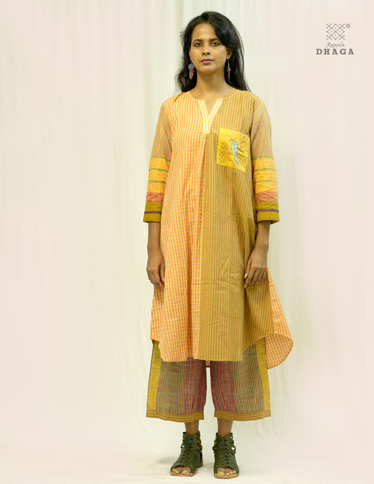 Handembroidered Gamcha  Dress with pant set | Artisan Cotton Dress with Pockets| Rangila Dhaga KD050