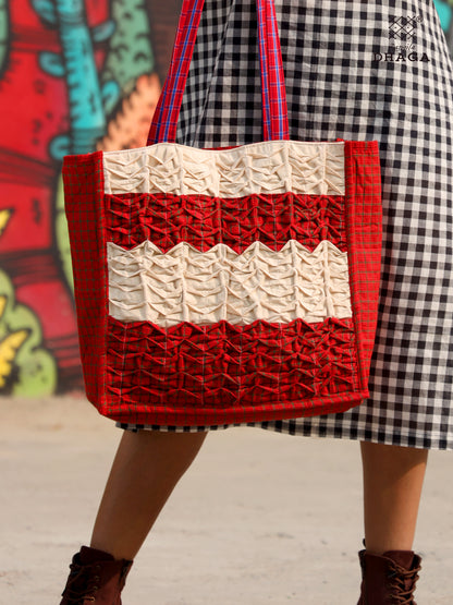 Gamcha Drapari Wrinkle Tote Bag – Handcrafted Cotton with 3 Zip Pockets Red Offwhite BAG16