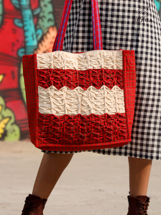 Gamcha Drapari Wrinkle Tote Bag – Handcrafted Cotton with 3 Zip Pockets Red Offwhite BAG16