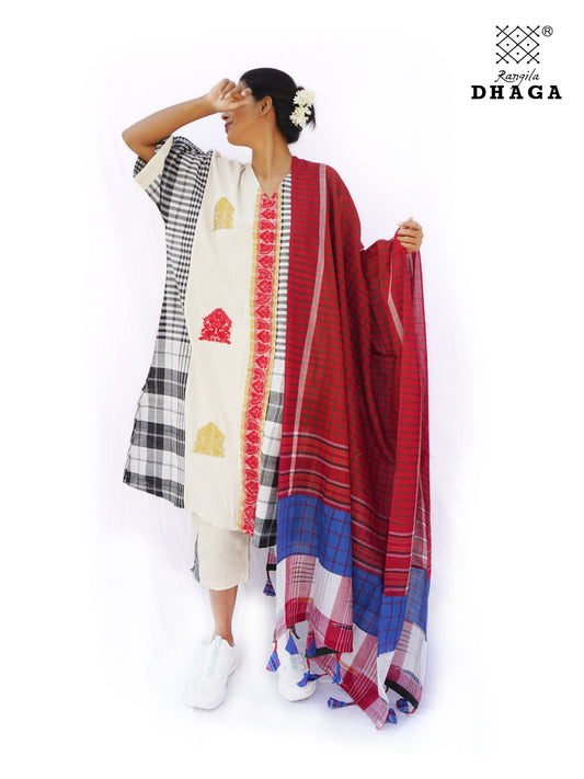 Patch work Gamcha Fashion Handloom Cotton Dupatta ( Red) DP10