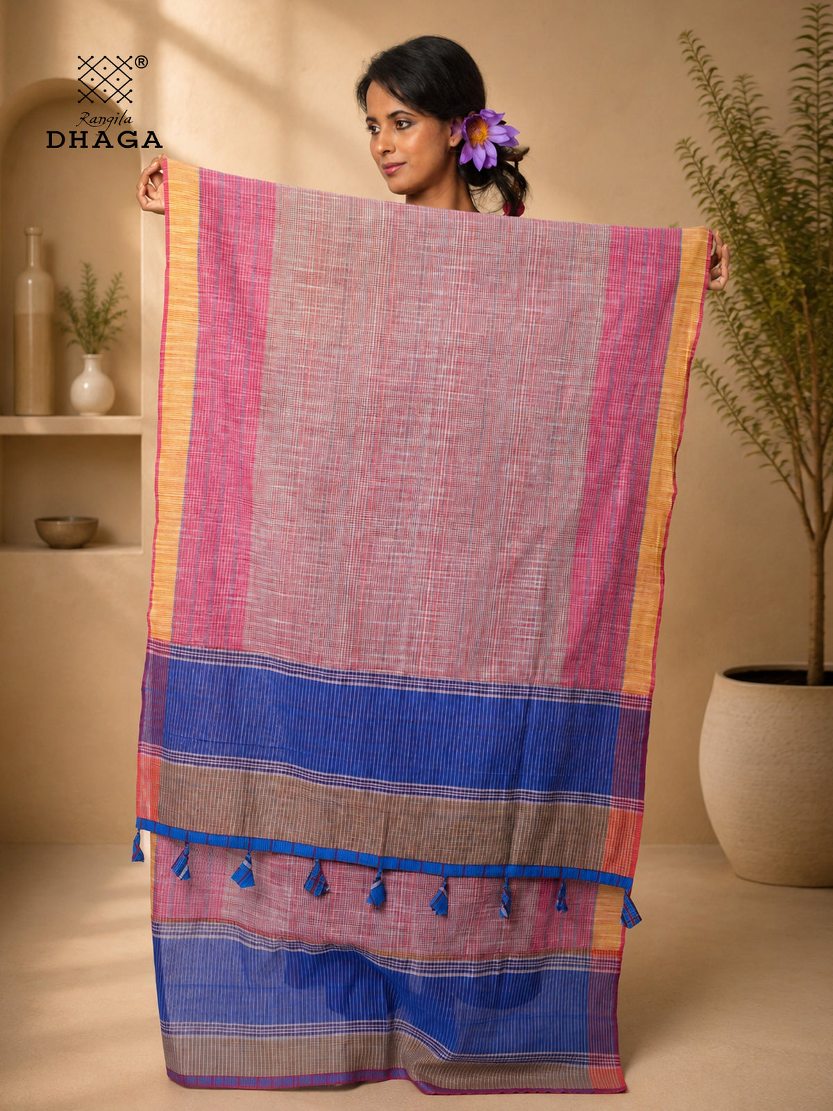 Handloom Gamcha Patchwork Dupatta | Multicolor Cotton Dupatta with Tassle (2.5m)- GD025