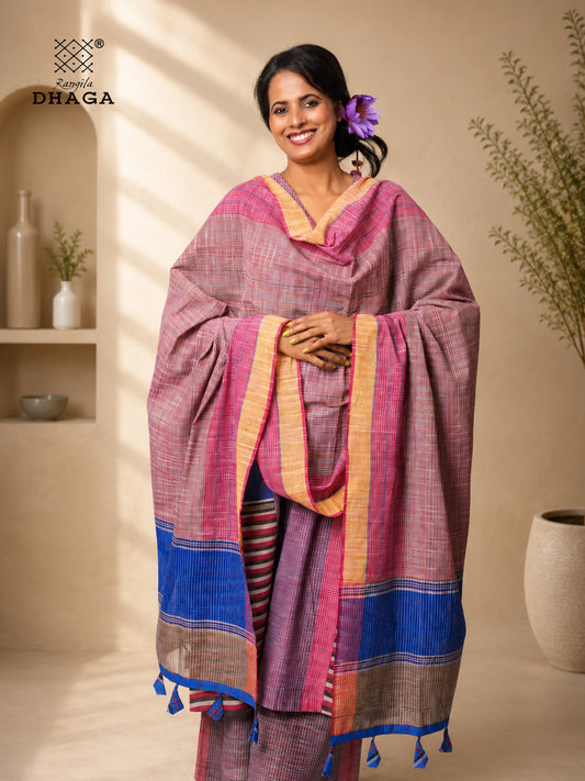 Handloom Gamcha Patchwork Dupatta | Multicolor Cotton Dupatta with Tassle (2.5m)- GD025