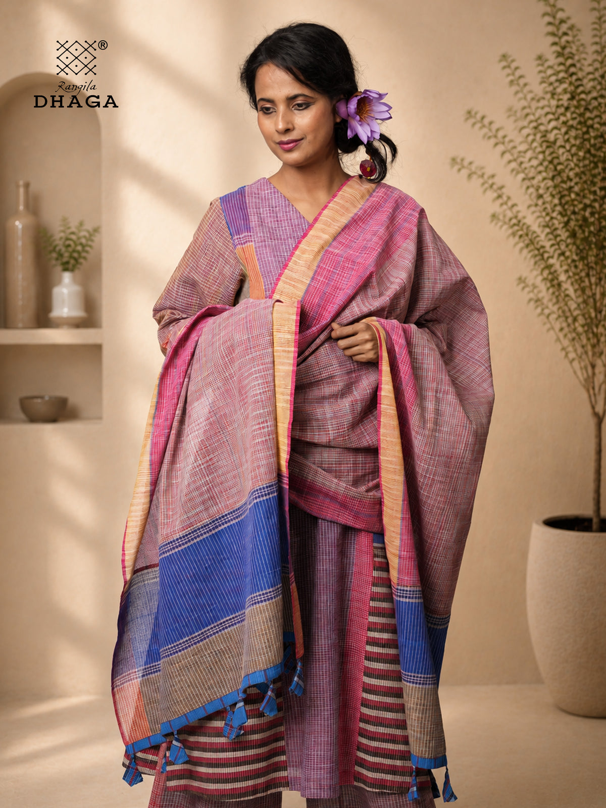 Handloom Gamcha Patchwork Dupatta | Multicolor Cotton Dupatta with Tassle (2.5m)- GD025