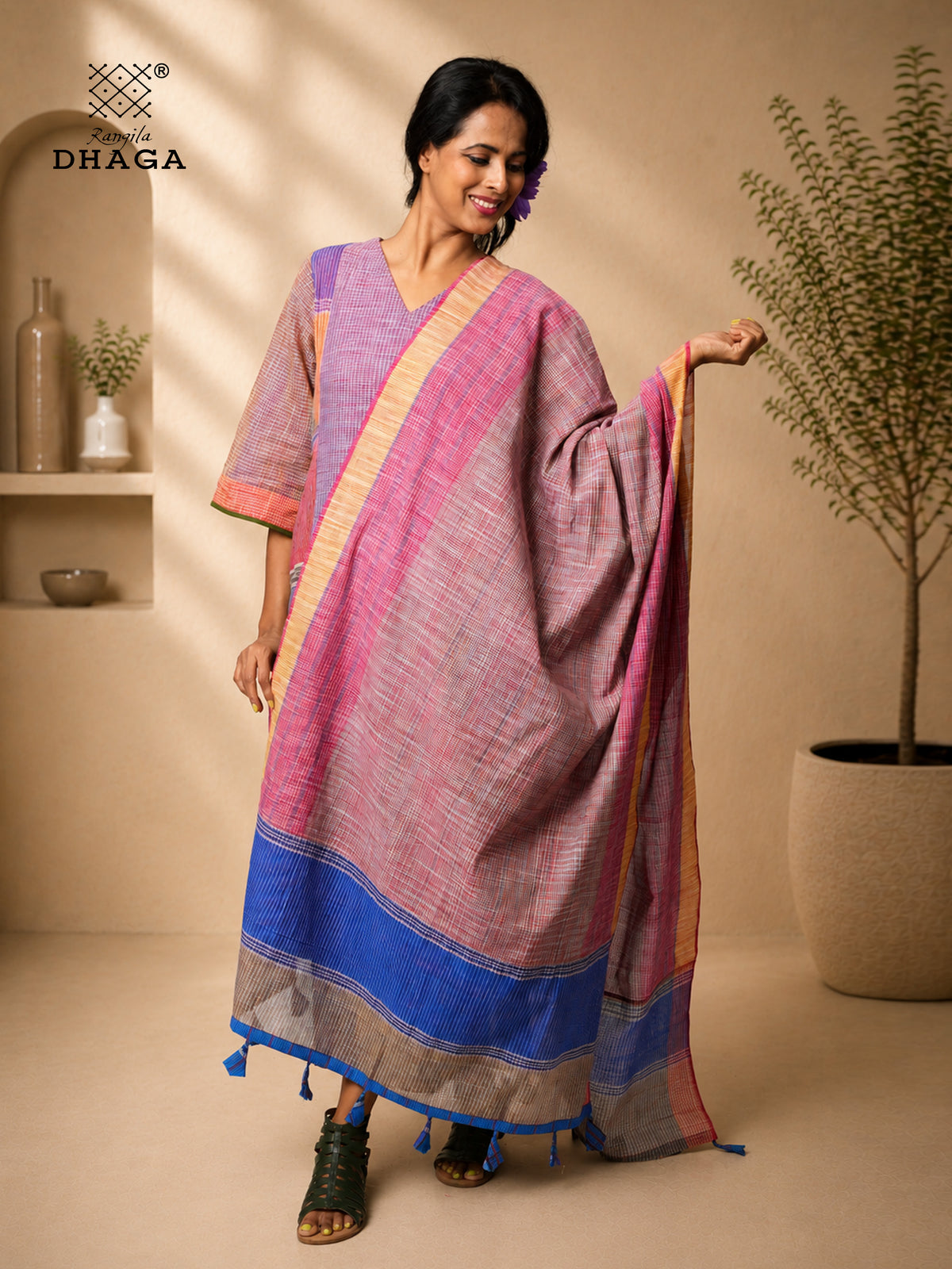Handloom Gamcha Patchwork Dupatta | Multicolor Cotton Dupatta with Tassle (2.5m)- GD025