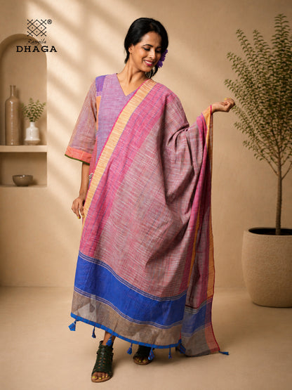 Handloom Gamcha Patchwork Dupatta | Multicolor Cotton Dupatta with Tassle (2.5m)- GD025