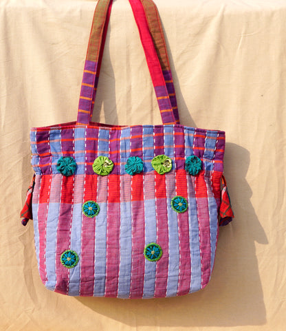 Blue Handwoven Gamcha potli Tote Bag with Embroidery Handmade Cotton Shoulder Bag – Rangila Dhaga   Bag27