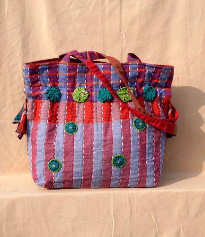 Blue Handwoven Gamcha potli Tote Bag with Embroidery Handmade Cotton Shoulder Bag – Rangila Dhaga   Bag27