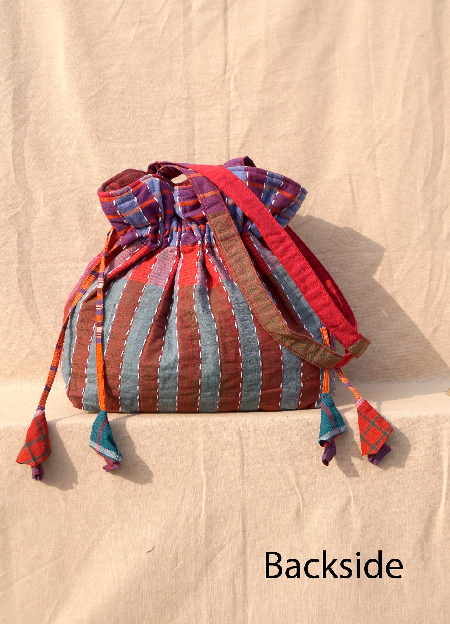 Blue Handwoven Gamcha potli Tote Bag with Embroidery Handmade Cotton Shoulder Bag – Rangila Dhaga   Bag27