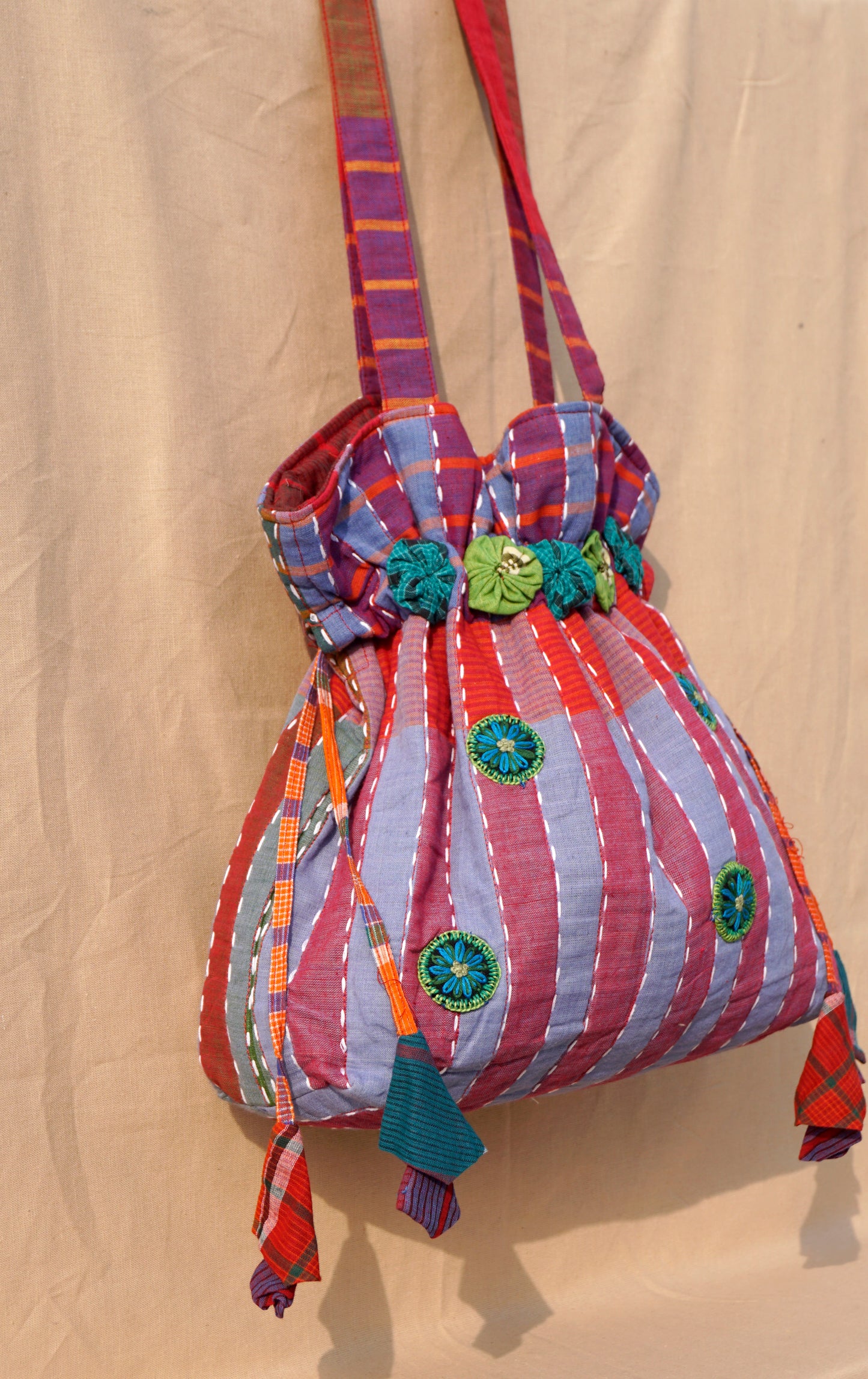 Blue Handwoven Gamcha potli Tote Bag with Embroidery Handmade Cotton Shoulder Bag – Rangila Dhaga   Bag27