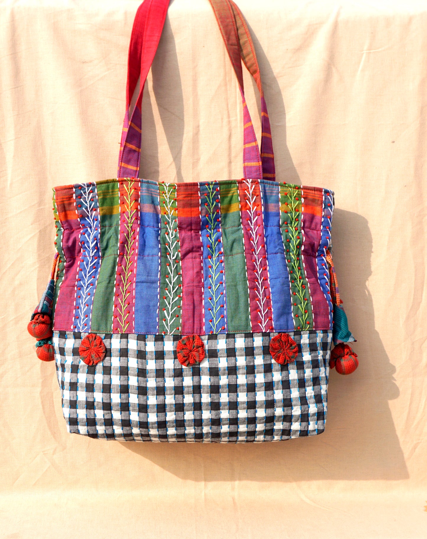 Handcrafted Gamcha Potli Shoulder Bag with Kantha Hand Embroidery & Drawstring Closure | Rangila Dhaga Bag28