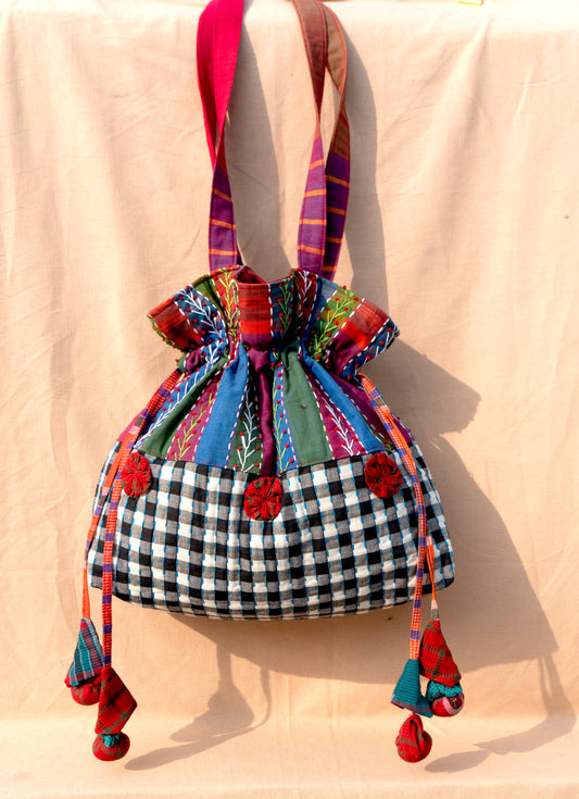 Handcrafted Gamcha Potli Shoulder Bag with Kantha Hand Embroidery & Drawstring Closure | Rangila Dhaga Bag28