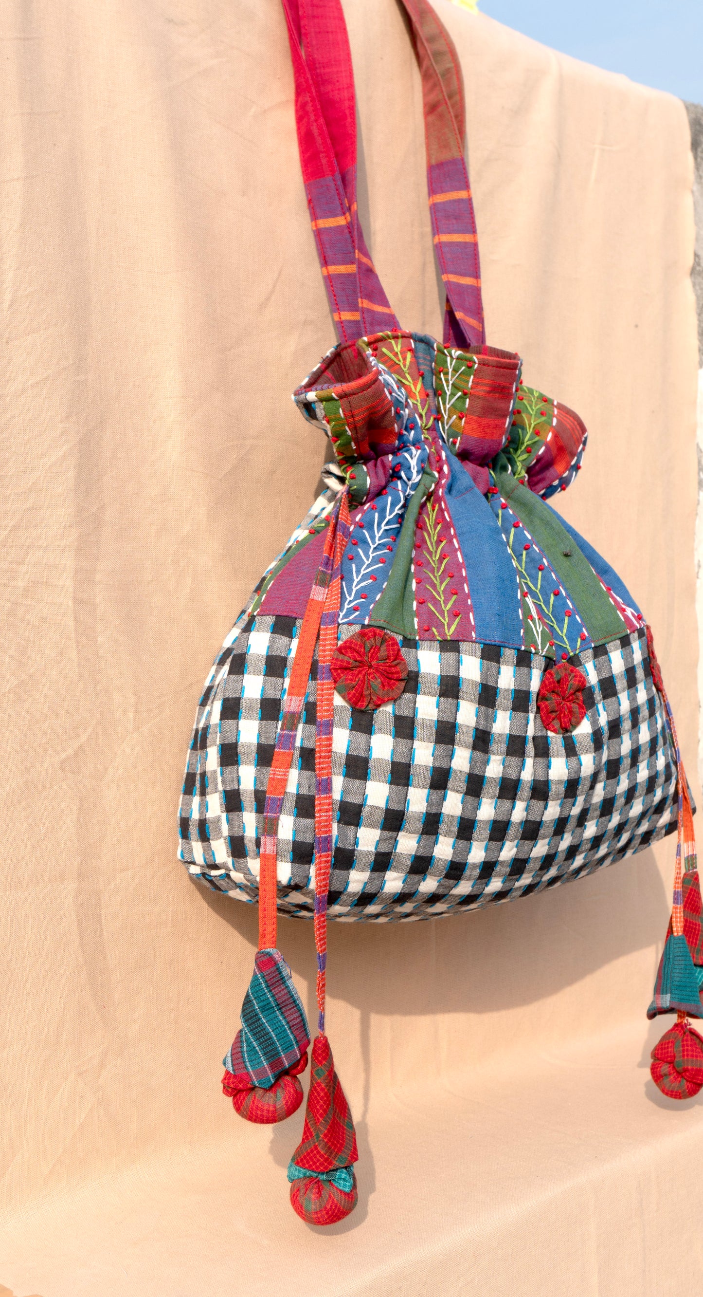 Handcrafted Gamcha Potli Shoulder Bag with Kantha Hand Embroidery & Drawstring Closure | Rangila Dhaga Bag28