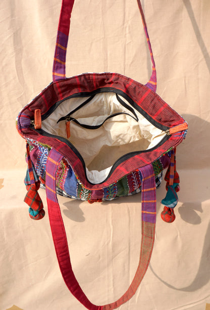 Handcrafted Gamcha Potli Shoulder Bag with Kantha Hand Embroidery & Drawstring Closure | Rangila Dhaga Bag28