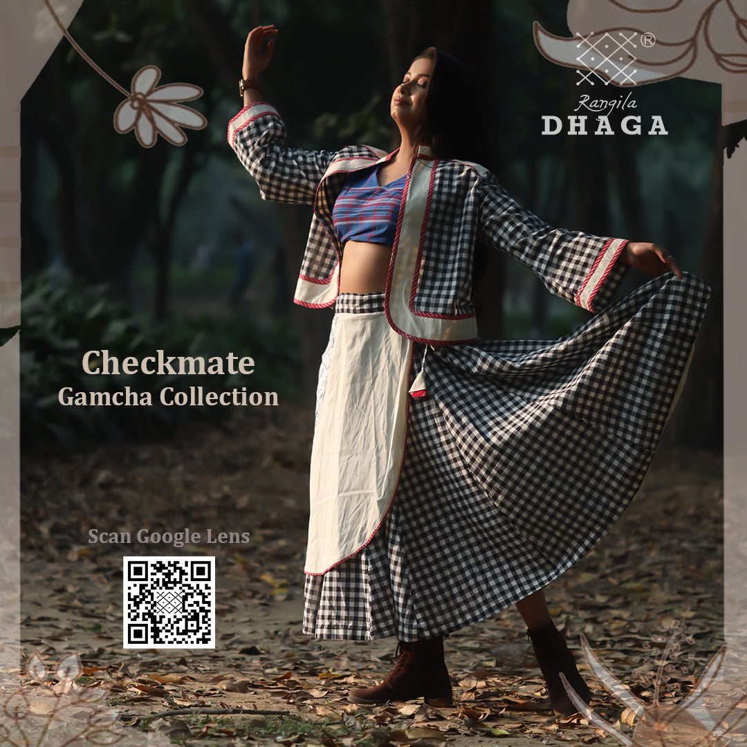 Skirt Long Hand-embroidered Gamcha Fashion Handloom Cotton Black and White