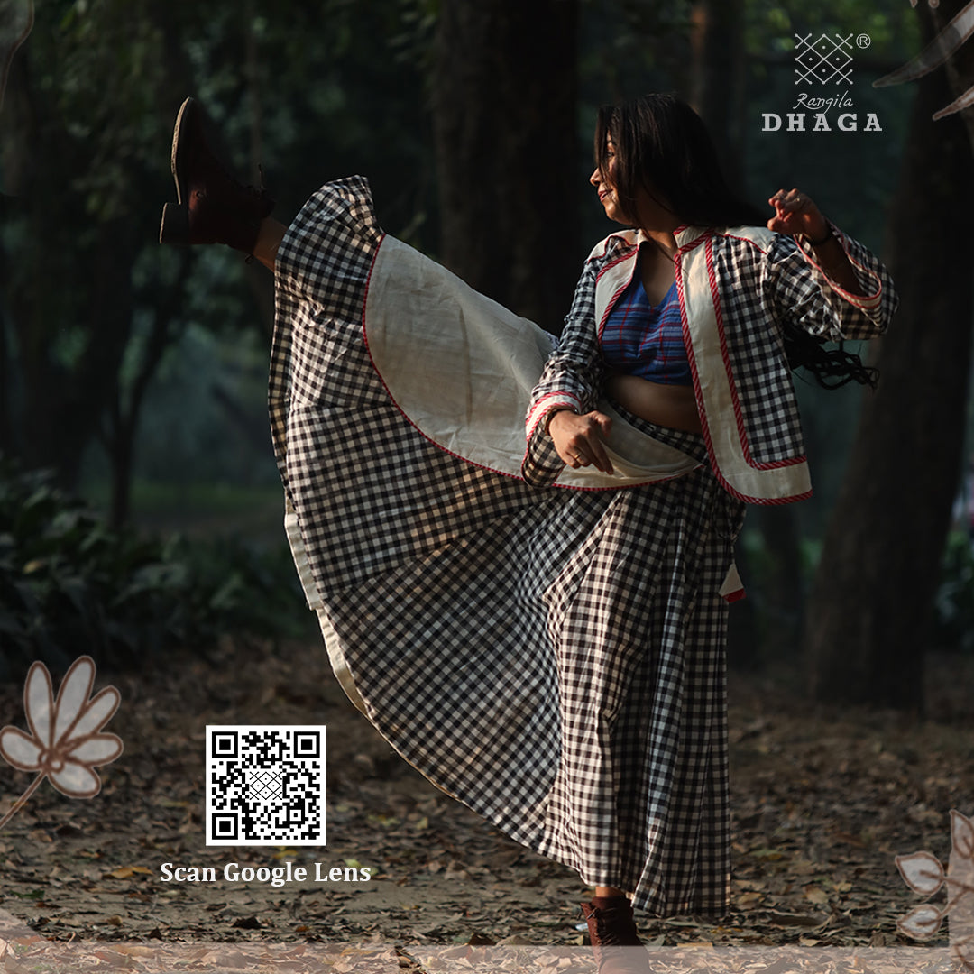 Skirt Long Hand-embroidered Gamcha Fashion Handloom Cotton Black and White