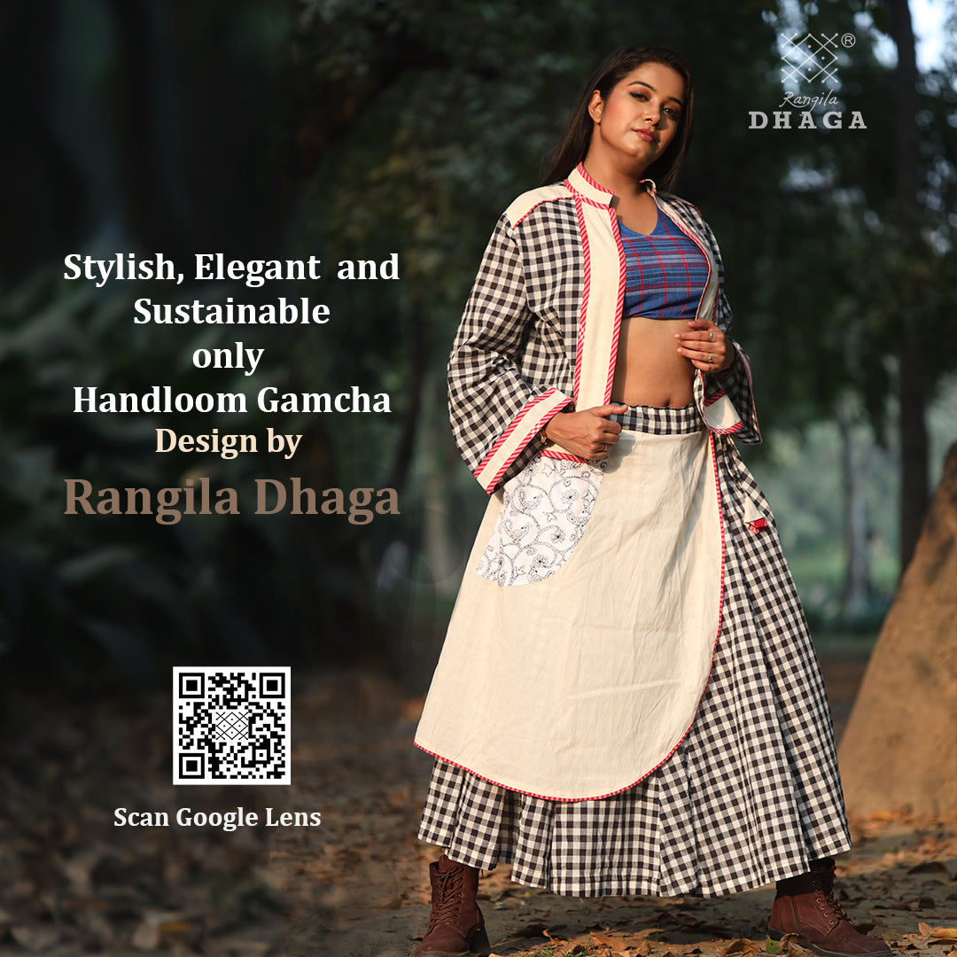 Skirt Long Hand-embroidered Gamcha Fashion Handloom Cotton Black and White