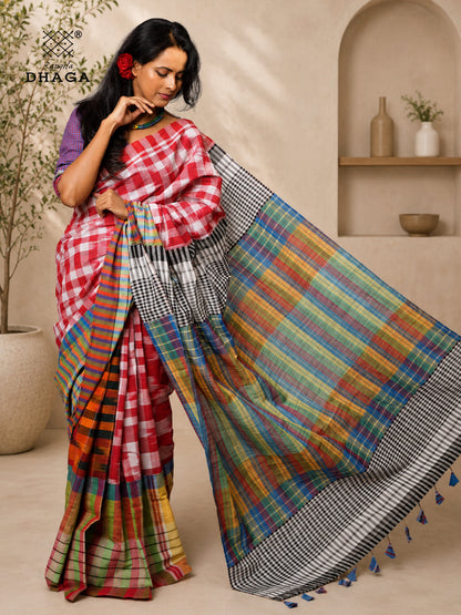 Handloom Kotki & Checked Gamcha Patchwork Saree – Multicolour with Decorative Tassel Pallu GS153