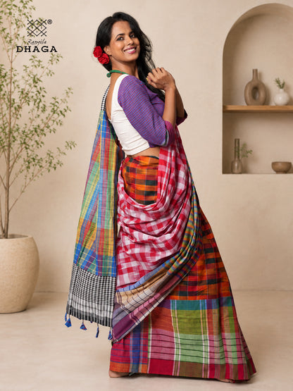 Handloom Kotki & Checked Gamcha Patchwork Saree – Multicolour with Decorative Tassel Pallu GS153