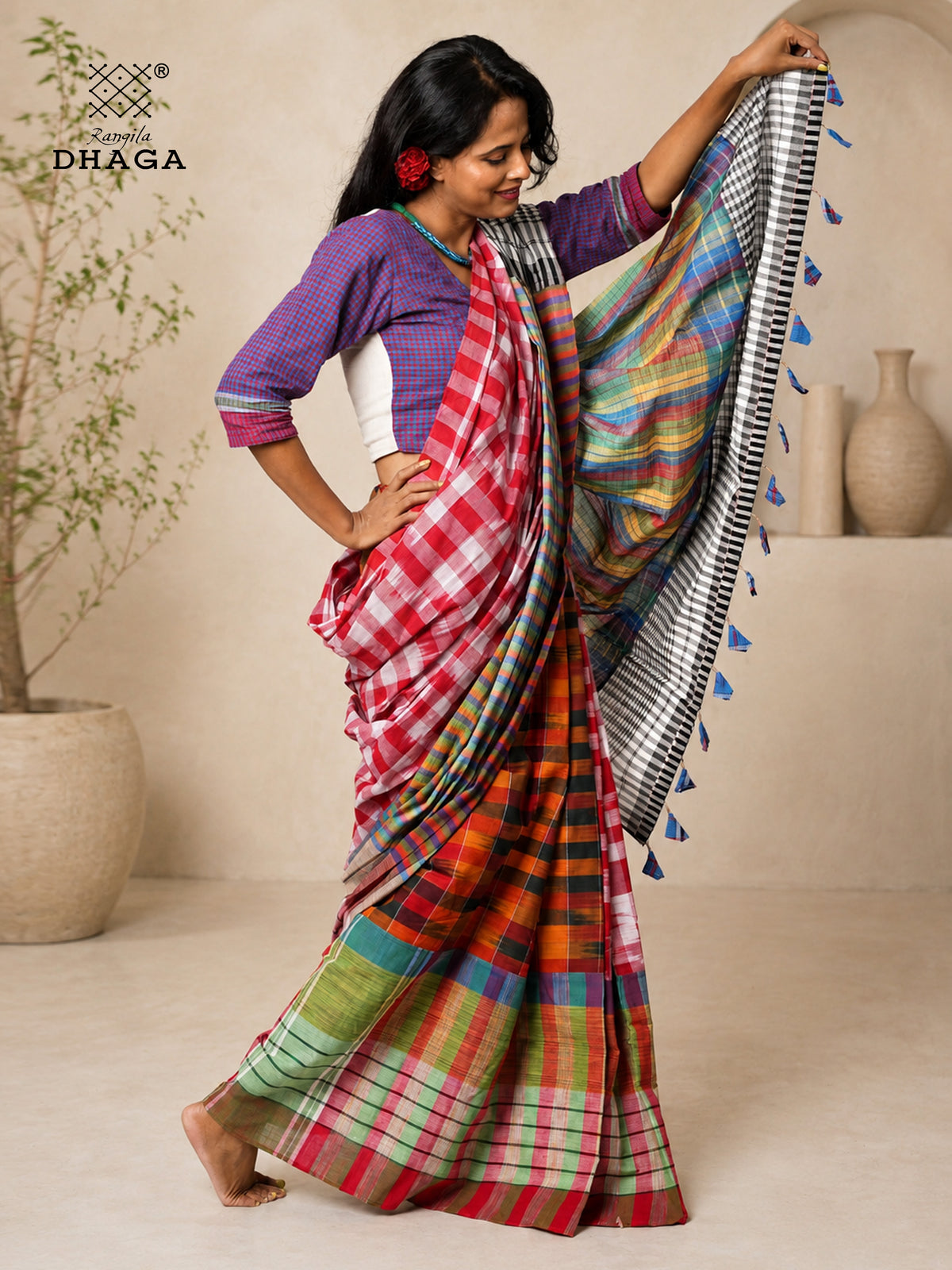 Handloom Kotki & Checked Gamcha Patchwork Saree – Multicolour with Decorative Tassel Pallu GS153