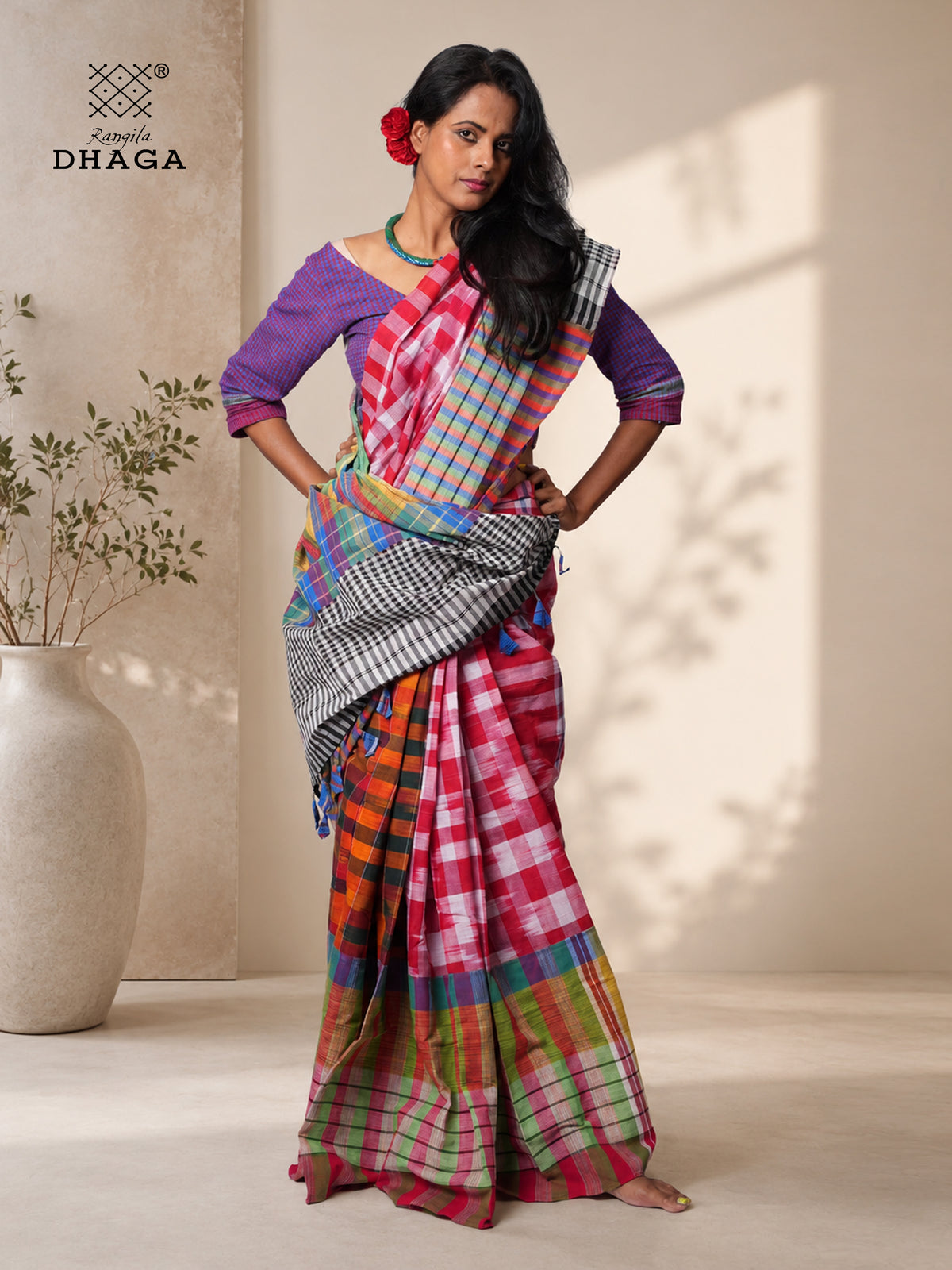 Handloom Kotki & Checked Gamcha Patchwork Saree – Multicolour with Decorative Tassel Pallu GS153