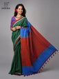 Handloom Gamcha Patchwork Saree with Decorative Tassel Pallu – Green, Red & Royal Blue | Rangila Dhaga GS150